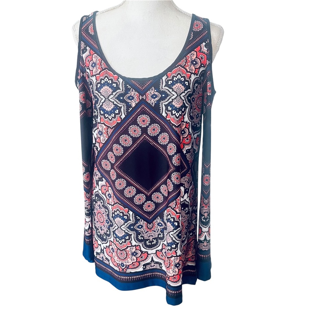 Kay Celine Cold Shoulder Tunic Top | Size M | Navy Boho Medallion